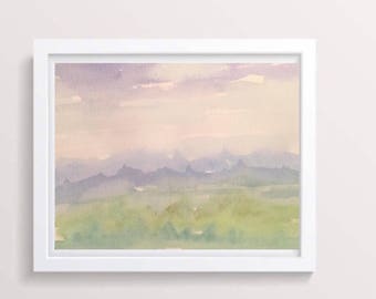 Abstract watercolor mountain print, impressionist landscape Painting, pastel nursery art for wall decor