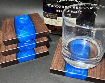 Wood & Resin Coasters, Set of 4, Birthday Gift Idea, Walnut w/ Caribbean Blue Resin