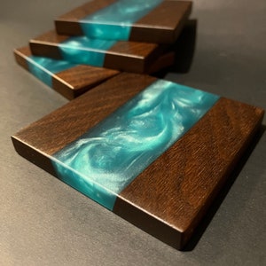 Wood & Resin Coasters, Set of 4, Housewarming Gift Idea, Walnut w/ Bora Bora  Resin