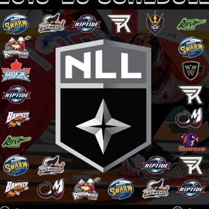 May include: A collage of logos for different National Lacrosse League (NLL) teams. The logos are arranged in a circle around the NLL logo, which is a black shield with a white star in the centre. The logos are all colourful and feature different designs, including animals, geometric shapes, and text.