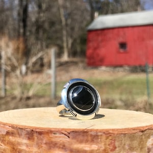 Black Banded Agate Ring - Sterling Silver Everyday Natural Cabochon Stone Ring - Large Genuine Black Stone Ring 925 OOAK- WhistlingGypsyINC