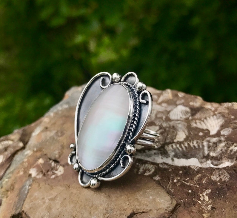 Squash Blossom Ring Big Oval Pearl Ring Huge Navajo Style Etsy