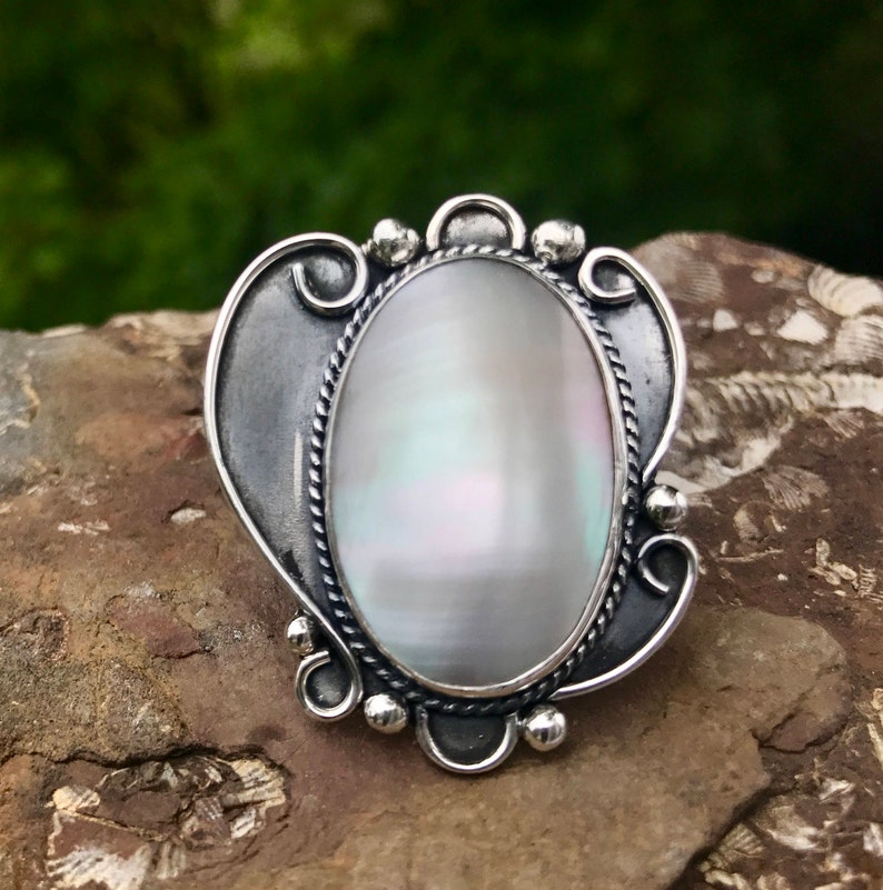Squash Blossom Ring Big Oval Pearl Ring Huge Navajo Style Etsy