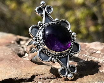 Amethyst Cabochon Sterling Silver Ring: February Birthstone, Size 7.5
