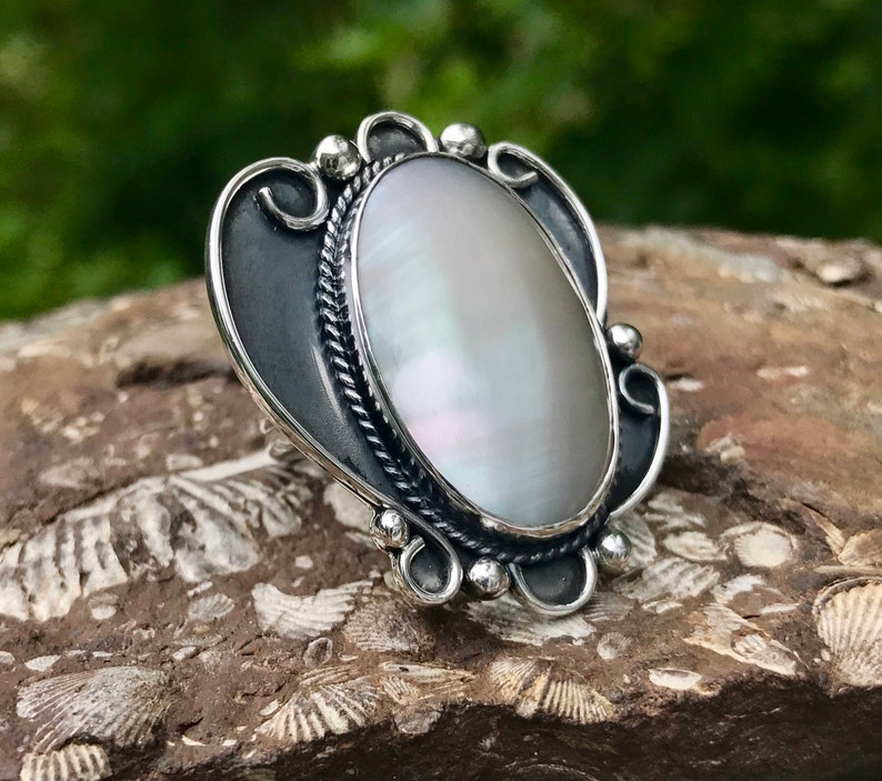 Squash Blossom Ring Big Oval Pearl Ring Huge Navajo Style Etsy