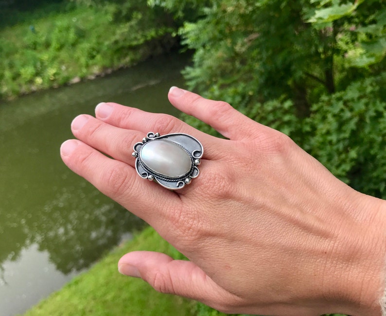 Squash Blossom Ring Big Oval Pearl Ring Huge Navajo Style Etsy