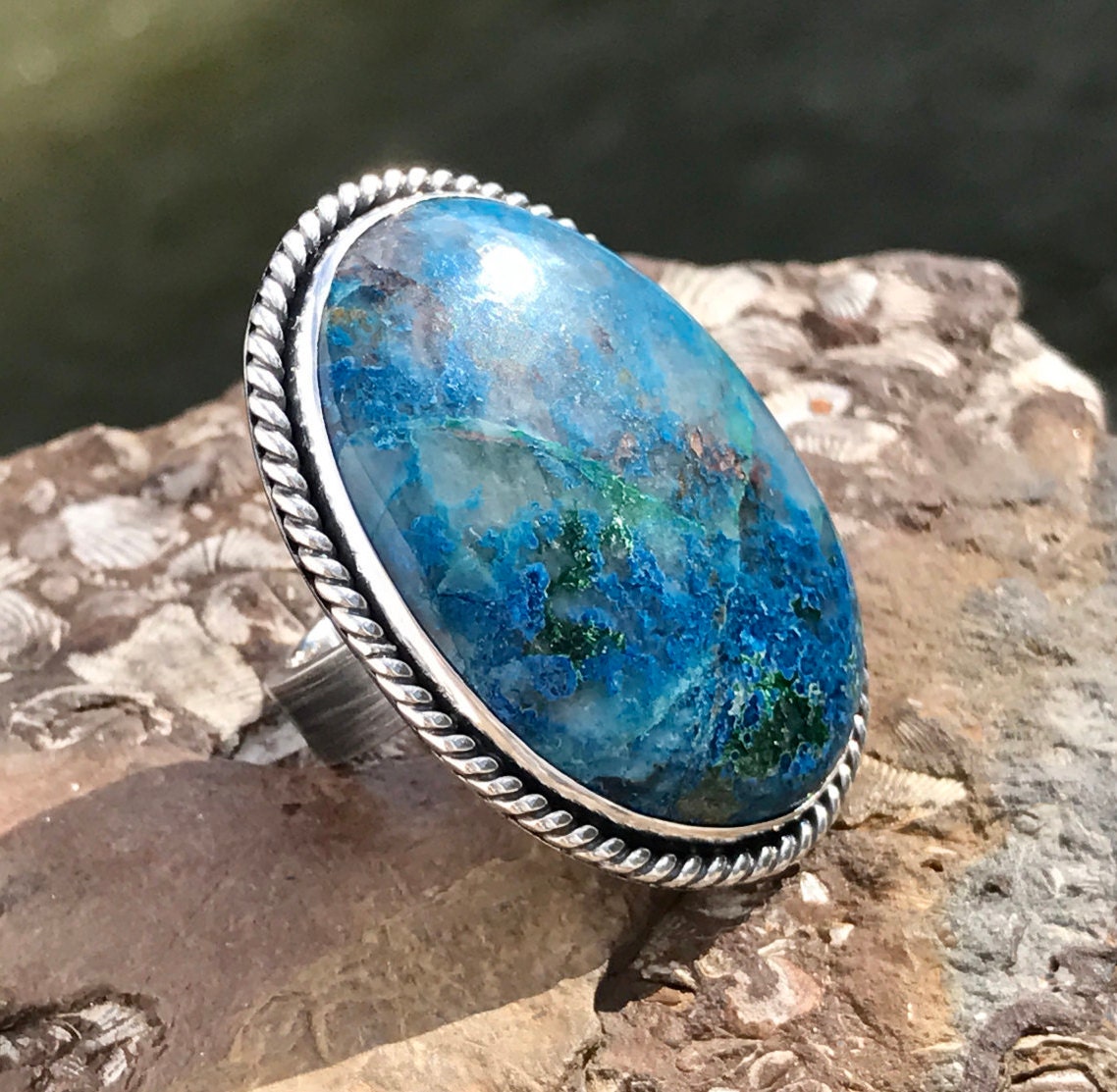 Silver Moss Agate Ring Blue Agate Ring Oversized Ring | Etsy
