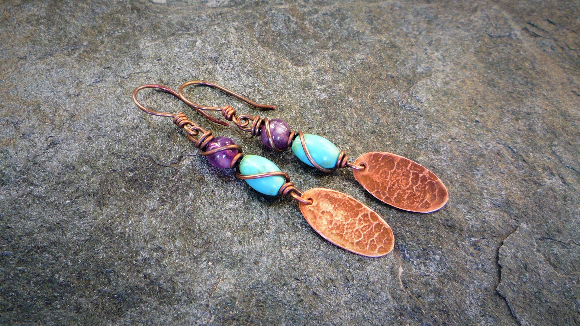 Turquoise and Amethyst earrings Copper jewelry Artisan | Etsy