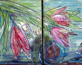 Original Painting on Organic Cotton Canvas titled "Morning Coffee" 32" x 20"  two panels, still life art, flowers