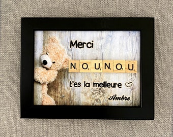 Cadre scrabble personnalisable - Merci nounou - cadre blanc/noir