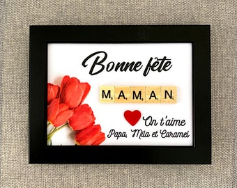 BONNE FETE MAMAN - Cadre scrabble personnalisable - cadre blanc ou noir