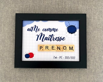 Customizable scrabble frame - love as Mistress FIRST NAME + child's first name - white/black frame