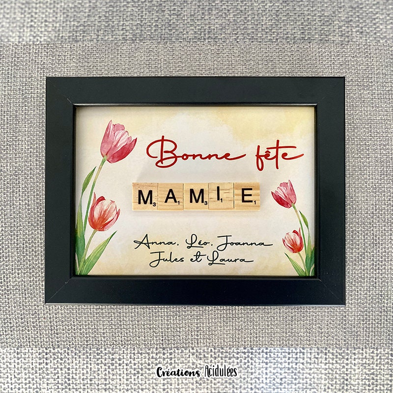 Cadre Scrabble Personnalisable - Bonne Fête Mamie | Tulipe Cadre Noir ou Blanc