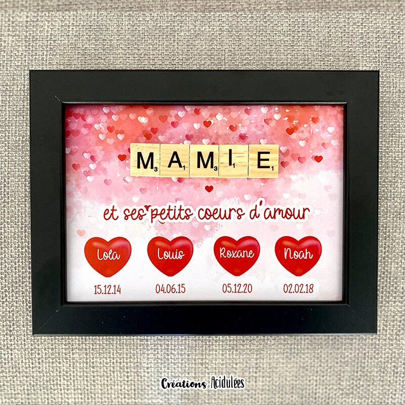 Cadre Scrabble Personnalisable - Mamie et Ses Petits Coeurs Cadre Noir ou Blanc