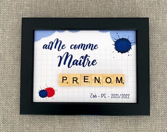 Customizable scrabble frame - love as Master FIRST NAME + child's first name - white/black frame