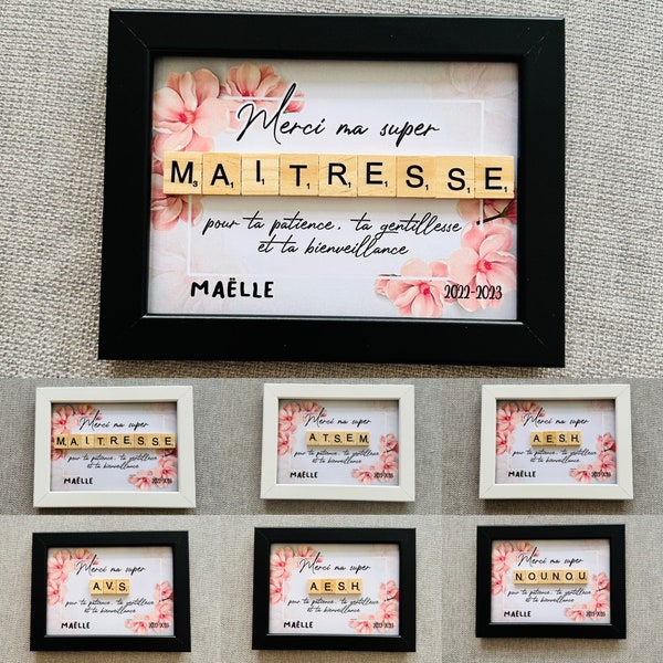 Customizable scrabble frame - THANK YOU my super Mistress/Atsem/Nanny/AVS etc - white/black frame