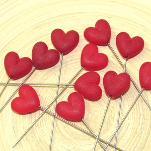6 Bulk 3" Frosted Red Heart Straight Pins~40 cents each~Valentine Heart Stick Pin~Cup Cake Topper Picks~Corsage~Floral Pin~Hat Pin~Lapel