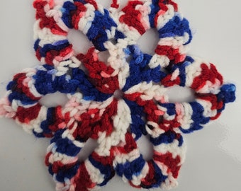Red, White, Blue Flower Ornament or Hanging Decoration - Crochet