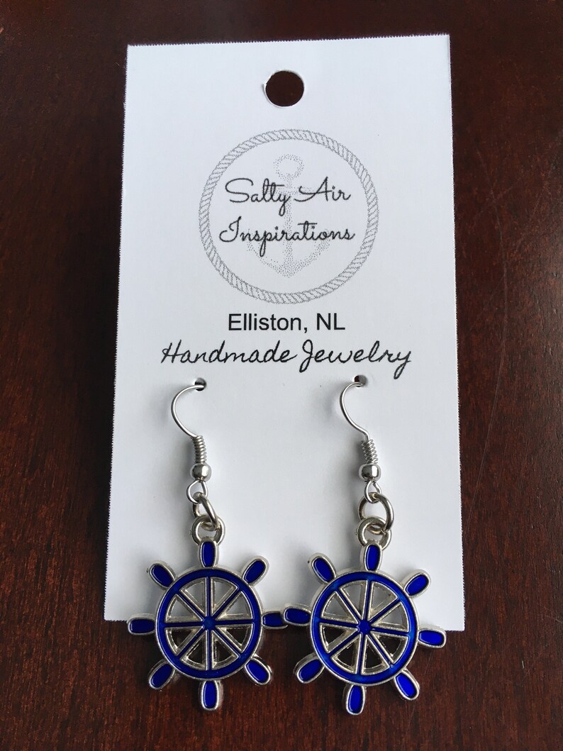 3cm Size Charms Teen Unisex Gifts Nautical Buoy Enamel Blue Silver SHIP STEERING WHEEL Earrings Christmas Day Fish Hook Dangle Earring