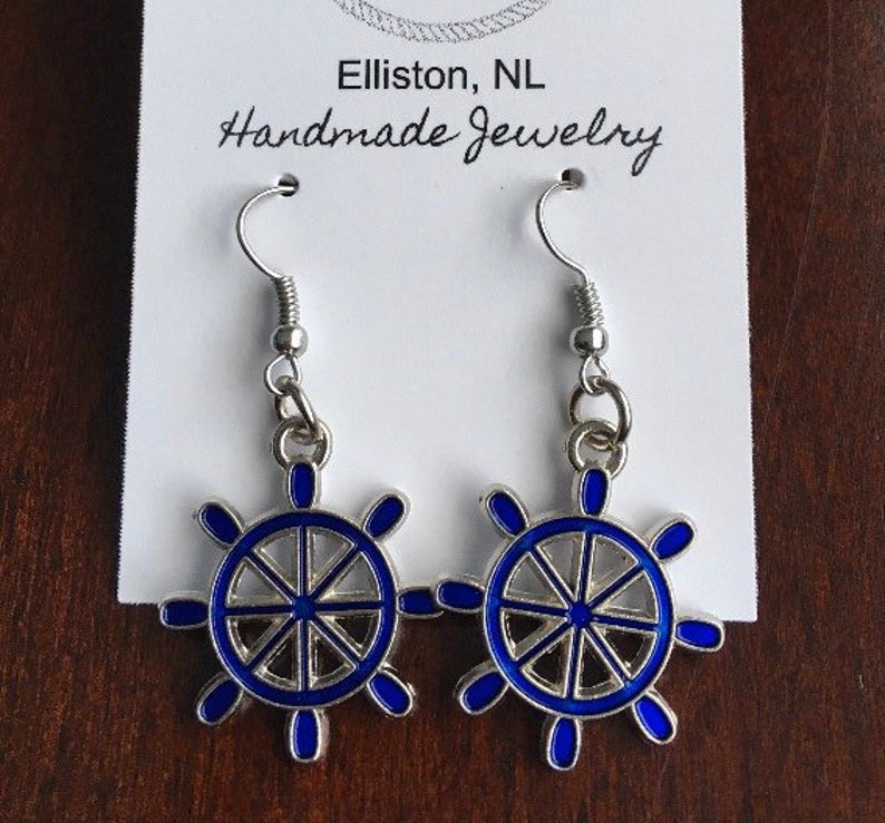 3cm Size Charms Teen Unisex Gifts Nautical Buoy Enamel Blue Silver SHIP STEERING WHEEL Earrings Christmas Day Fish Hook Dangle Earring