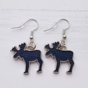 Enamel Navy MOOSE Earrings, Fish Hook Silver Plated , Girl Teen Women Unisex Gifts, Hunting Antler Decor, Xmas Day, 2cm Size Charms