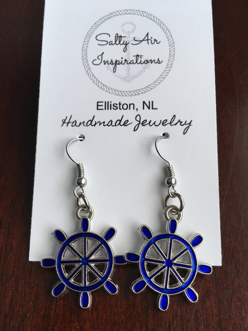 3cm Size Charms Teen Unisex Gifts Nautical Buoy Enamel Blue Silver SHIP STEERING WHEEL Earrings Christmas Day Fish Hook Dangle Earring