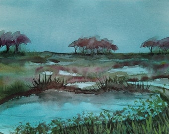 Teal marchlands (original watercolour painting). A4.