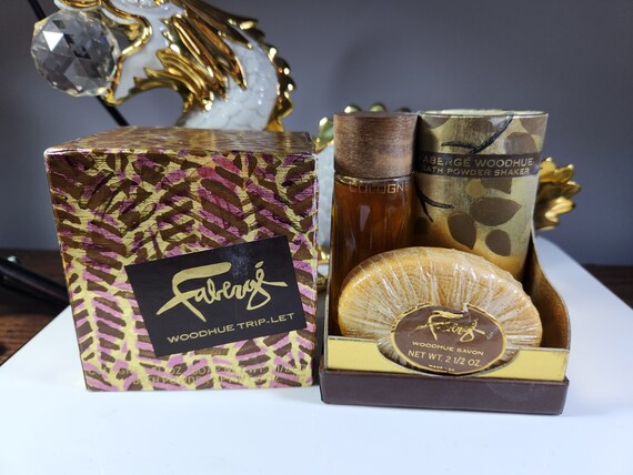 Faberge Woodhue Set Perfume Powder and Soap Trip let in Box