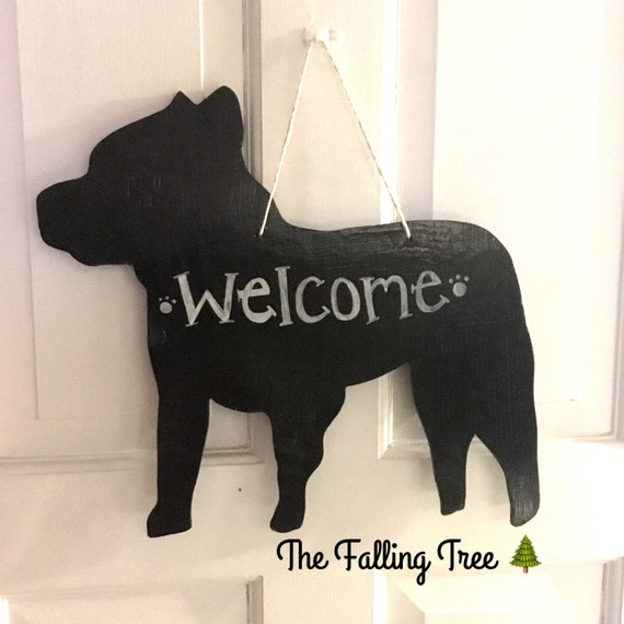 bully breed dog door hanger welcome sign Pit bull Wooden hand made hand painted