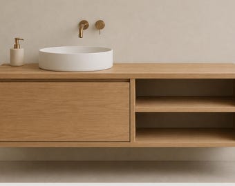 Solid Oak Wood Floating Bathroom Vanity Unit | Wall Hung Cabinet with Drawer| 2 Open Shelves | Bathroom Decor Cabinet