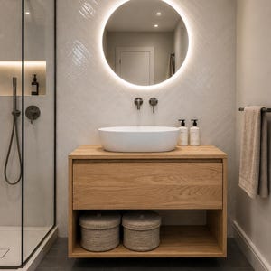 May include: A bathroom vanity featuring a light oak wood cabinet with one drawer and an open bottom shelf containing two round woven baskets. A white oval vessel sink sits on top, paired with two dark metal wall-mounted faucets and a round LED mirror.