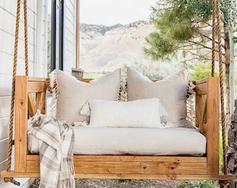 Oak Swing Bed with seat cushion Wooden Porch Swing Outdoor Indoor  Swing with Jute Rope!