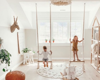 Handmade Oak Swing with Soft Cotton Rope | Wooden Garden Swing | Outdoor and Indoor Play | Eco-Friendly Gift Idea | Kids and Adults Swing