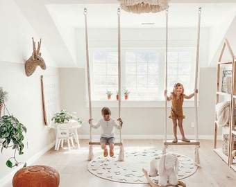 Real Oak Indoor Outdoor Kids & Adults Tree Swing. Classic Scandinavian design. Wooden seat, cotton rope. Great Gift! Free wooden tag name!!