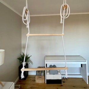 Adjustable Swing Trapeze Bar, Climbing Frame, Swing Set - Indoor, Outdoor Oak Wood and Cotton Ropes, Gymnastic Playground Bar with Name Tag