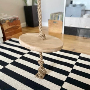Oak Wood Indoor Outdoor Kids & Adults Tree Swing. Monkey/Button Wooden Round Disc Swing -UK Handmade -Great Gift! Free wooden tag name!!
