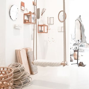 Real Oak, Wooden Indoor Outdoor Kids & Adults Tree Swing with a crochet seat - Classic Scandinavian design. Beautiful gift!