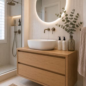 May include: A floating light oak bathroom vanity with two drawers, topped by a white oval vessel sink. Above, a round backlit mirror hangs on a white tiled wall. Two pump bottles and a glass vase with eucalyptus branches sit on the counter.