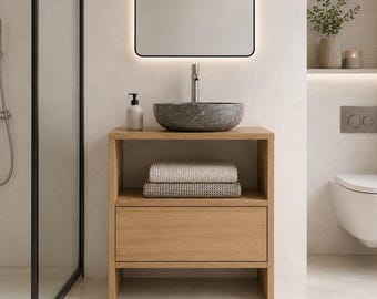 Handmade Solid Oak Bathroom Vanity Unit with Drawer | Wooden Washstand for Countertop Basin |Made to Order Oak Bathroom Cabinet