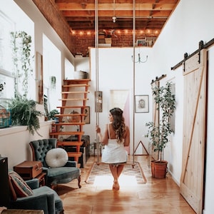 Real Oak Indoor Outdoor Kids & Adults Tree Swing Classic Scandinavian design. Wooden Swing with cotton ropes. Great Gift!