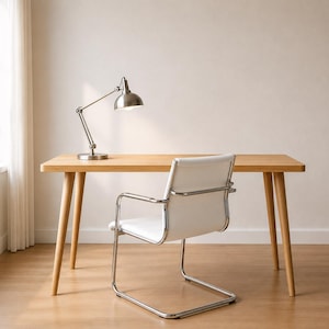 May include: A light-toned wooden desk with four tapered legs, paired with a white upholstered chair featuring a chrome metal frame. A silver-coloured adjustable desk lamp with a dome-shaped shade sits on the left side of the desk surface.