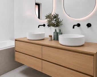 Floating Oak Bathroom Vanity | Wall Hung Double Sink Vanity | Solid Wood Bathroom Cabinet | 4 Drawer Vanity | 100cm 120cm 140cm