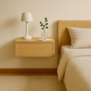 Japandi Modern Oak Floating Bedside Shelf | Small Nightstand with Drawer | Floating Bedside for Bedroom | Handmade Floating Shelving