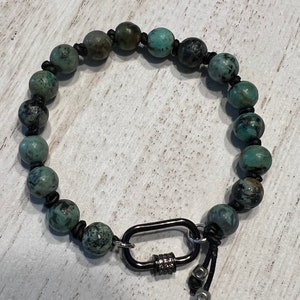 Natural African Turquoise & black leather with gunmetal Carabiner clasp Bracelet