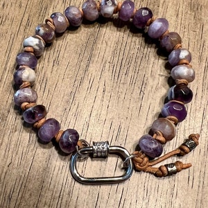 Natural Faceted Amethyst with silver carabiner clasp and natural leather