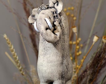 青い陶器の手作り象の置物ペア - 装飾的な陶芸芸術、収集価値のある