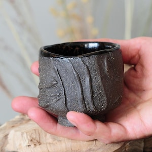 Ceramic Espresso Cup Yunomi, Kurinuki tea bowl, Black stoneware tea cup no handle, Handmade Coffee Tumbler 150mL / 5oz