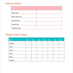 Könnte beinhalten: Eine weiße Planerseite mit dem Text "Summer Goals" und "Weekly Habit Tracker". Der Abschnitt "Summer Goals" enthält Felder für Gewichts-, Wasseraufnahme-, Schritt-, Trainings- und Selbstvertrauensziele. Der "Weekly Habit Tracker" hat Felder für Training, Wasser, Protein, Schritte, Schlaf und kein Soda.
