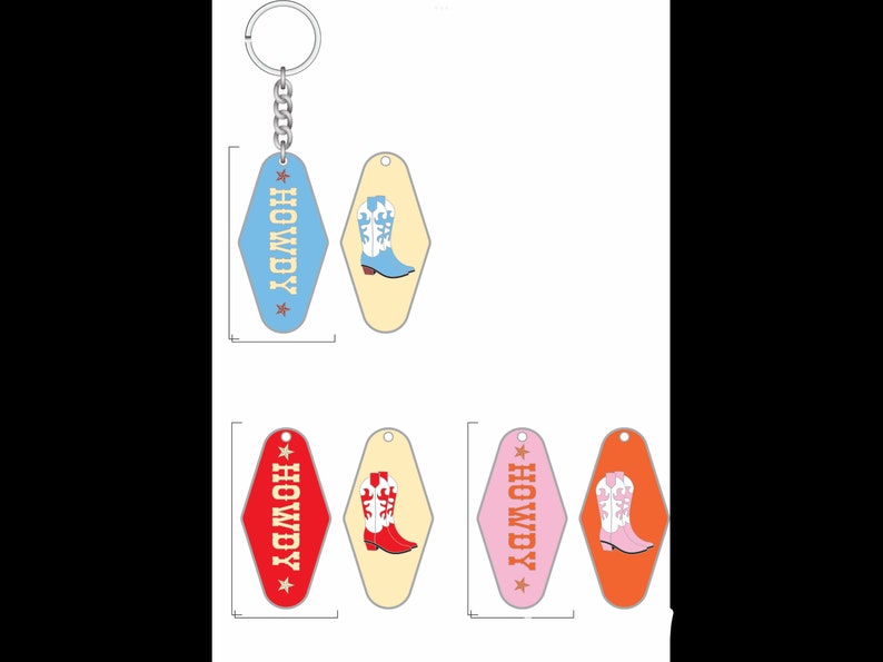 May include: Set of five keychains featuring a retro motel key design. Each keychain has a different colour background and a boot design with a white star and the word "HOWDY" in yellow text.