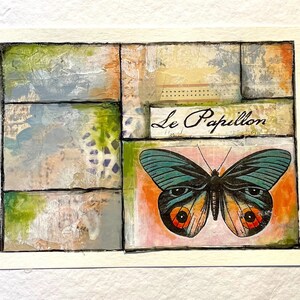 Butterfly Art, Mixed Media Collage, Papillon art, Room Decor, Original Art for Home Decor, French Art, Art for Nature Lover